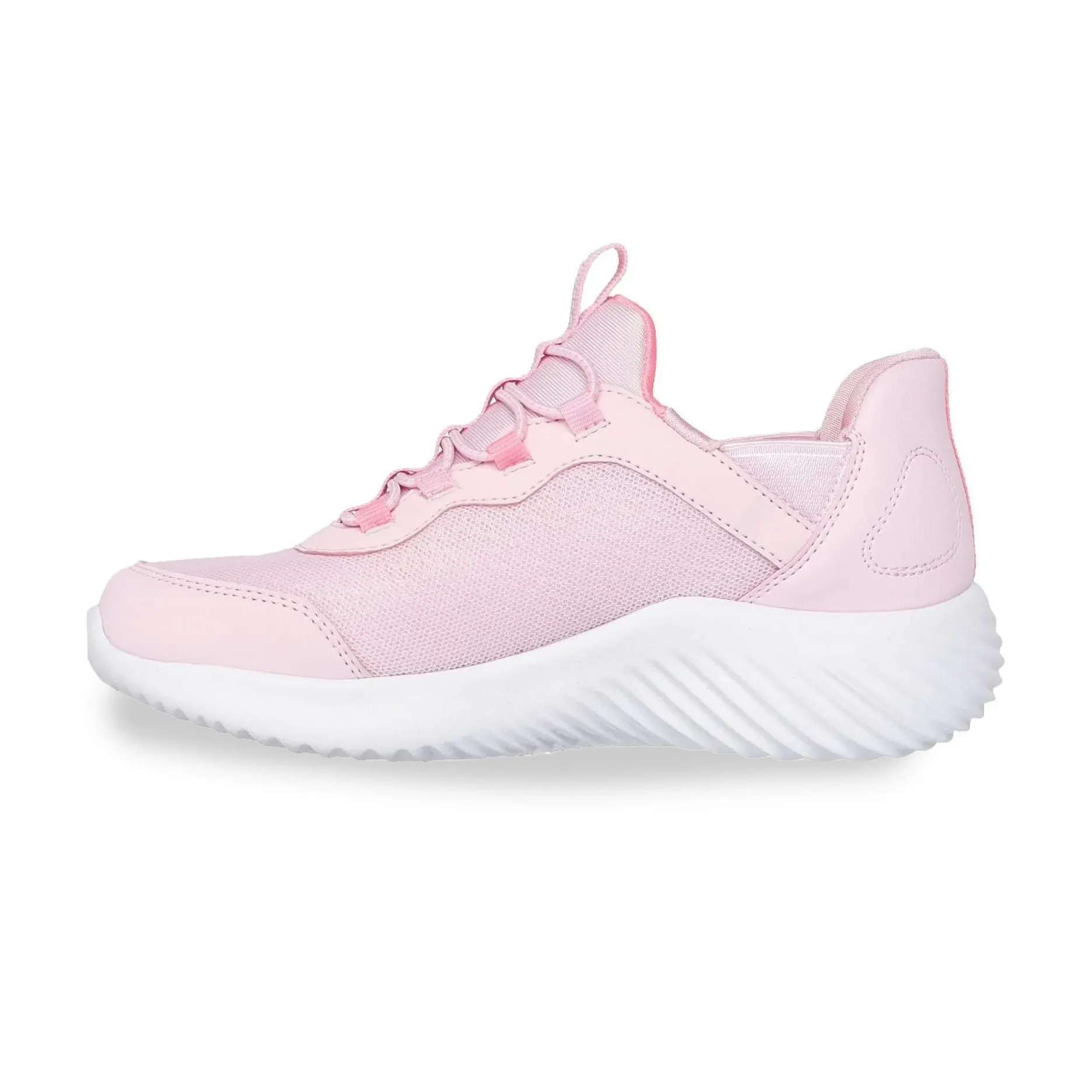 Tênis infantil feminino Skechers rosa claro visto de lado mostrando design e conforto